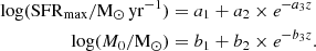 $$ \begin{aligned} \mathrm{log}(\mathrm{SFR}_{\rm max}/\mathrm{M}_\odot \,\mathrm{yr}^{-1})&= a_1+a_2\times e^{-a_3z} \nonumber \\ \mathrm{log}(M_0/{\mathrm{M}_\odot })&= b_1+b_2\times e^{-b_3z}. \end{aligned} $$