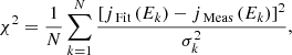 $$ \begin{aligned} \chi ^2=\frac{1}{N} \sum _{k = 1}^{N} \frac{\left[j_{\text{Fit}}\left(E_{k}\right)-j_{\text{Meas}}\left(E_{k}\right)\right]^{2}}{\sigma _{k}^{2}}, \end{aligned} $$