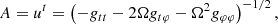 $$ \begin{aligned} A&= u^{t} = \left(-g_{tt} - 2 \Omega g_{t\varphi } - \Omega ^2 g_{\varphi \varphi }\right)^{-1/2}, \end{aligned} $$