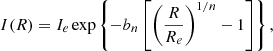 $$ \begin{aligned} I(R)=I_e \exp \left\{ -b_n\left[ \left( \frac{R}{R_e}\right) ^{1/n} -1\right] \right\} , \end{aligned} $$