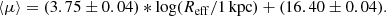 $$ \begin{aligned} \langle \mu \rangle = (3.75 \pm 0.04) * \log (R_{\rm eff} /1\, \mathrm{kpc}) + (16.40 \pm 0.04). \end{aligned} $$