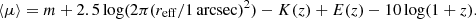 $$ \begin{aligned} \langle \mu \rangle = m + 2.5 \log (2 \pi (r_{\rm eff} / 1 \mathrm{\, arcsec})^2) - K(z) + E(z) - 10\log (1+z). \end{aligned} $$