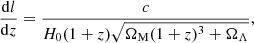 $$ \begin{aligned} \frac{\mathrm{d}l}{\mathrm{d}z}=\frac{c}{H_0(1+z)\sqrt{\Omega _{\rm M}(1+z)^3+\Omega _\Lambda }}, \end{aligned} $$