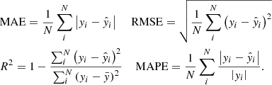 $$ \begin{aligned}&\mathrm{MAE}=\frac{1}{N}\sum _i^N\left|{ y}_i-\hat{{ y}}_i\right| \quad \,\, \mathrm{RMSE}=\sqrt{\frac{1}{N}\sum _i^N\left({ y}_i-\hat{{ y}}_i\right)^2}\\&R^2=1-\frac{\sum _i^N\left({ y}_i-\hat{{ y}}_i\right)^2}{\sum _i^N\left({ y}_i-\bar{{ y}}\right)^2} \quad \,\, \mathrm{MAPE}=\frac{1}{N}\sum _i^N\frac{\left|{ y}_i-\hat{{ y}}_i\right|}{\left|{ y}_i\right|}. \end{aligned} $$