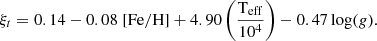 $$ \begin{aligned} \xi _t = 0.14 - 0.08\;\mathrm{[Fe/H]} + 4.90 \left( \frac{\mathrm{T_{eff}} }{10^4}\right) - 0.47 \log (g). \end{aligned} $$