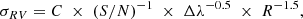 $$ \begin{aligned} \sigma _{RV} = C\;\times \;(S/N)^{-1}\;\times \;\Delta \lambda ^{-0.5}\;\times \;R^{-1.5}, \end{aligned} $$