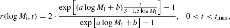 $$ \begin{aligned} r(\log M_{\rm i}, t) = 2 \cdot \frac{\exp {\left[(a\log M_{\rm i}+b) \frac{t}{3-1.5\log M_{\rm i}} \right]}-1}{\exp {\left[a\log M_{\rm i}+b\right]}-1}, \quad 0<t<t_{\rm max}, \end{aligned} $$