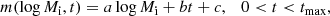 $$ \begin{aligned} m (\log M_{\rm i}, t) = a \log M_{\rm i} + b t + c, \quad 0<t<t_{\rm max}, \end{aligned} $$