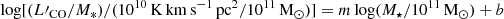 $ \log [(L{\prime}_{\mathrm{CO}}/M_{\ast})/(10^{10}\,\mathrm{K\,km\,s^{-1}\,pc^2}/10^{11}\,{\mathrm{M}_{\odot}})]=m\log (M_{\mathrm{\star}}/10^{11}\,{\mathrm{M}_{\odot}})+b $