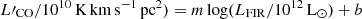 $ L{\prime}_{\mathrm{CO}}/10^{10}\,\mathrm{K\,km\,s^{-1}\,pc^2}) = m\log(L_{\mathrm{FIR}}/10^{12} \,{\mathrm{L}_{\odot}})+b $