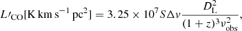 $$ \begin{aligned} L\prime _{\rm CO}[\mathrm{K\,km\,s^{-1}\,pc^2}] = 3.25\times 10^7S\Delta v\frac{D^2_{\rm L}}{(1+z)^3\nu _{\rm obs}^2} ,\end{aligned} $$