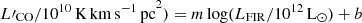 $ L{\prime}_{\mathrm{CO}}/10^{10}\,\mathrm{K\,km\,s^{-1}\,pc}^2) = m\log(L_{\mathrm{FIR}}/10^{12} \,{\mathrm{L}_{\odot}})+b $