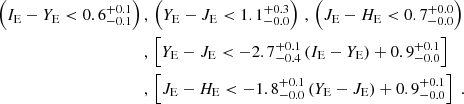 $$ \begin{aligned} \left(I_{\rm E}-Y_{\rm E}<0.6_{-0.1}^{+0.1}\right)\,&, \, \left(Y_{\rm E}-J_{\rm E}<1.1^{+0.3}_{-0.0}\right)\,, \, \left(J_{\rm E}-H_{\rm E}<0.7^{+0.0}_{-0.0}\right)\,\nonumber \\&, \, \left[Y_{\rm E}-J_{\rm E}<-2.7_{-0.4}^{+0.1}\,(I_{\rm E}-Y_{\rm E})+0.9^{+0.1}_{-0.0}\right]\, \nonumber \\&, \, \left[J_{\rm E}-H_{\rm E} < -1.8_{-0.0}^{+0.1}\,(Y_{\rm E}-J_{\rm E})+0.9^{+0.1}_{-0.0}\right]\;. \end{aligned} $$