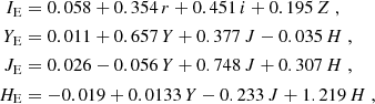 $$ \begin{aligned} I_{\rm E}&=0.058+0.354\,r+0.451\,i+0.195\,Z\;, \nonumber \\ Y_{\rm E}&=0.011+0.657\,Y+0.377\,J-0.035\,H\;, \\ J_{\rm E}&=0.026-0.056\,Y+0.748\,J+0.307\,H\;, \nonumber \\ H_{\rm E}&=-0.019+0.0133\,Y-0.233\,J+ 1.219\,H\;, \nonumber \end{aligned} $$