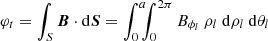 $$ \begin{aligned} \varphi _t&=\int _S \boldsymbol{B}\cdot \mathrm{d}\boldsymbol{S} = \int _{0}^{a}\!\!\!\int _{0}^{2\pi } B_{\phi _l} \ \rho _l \ {\mathrm{d}\rho _l} \ {\mathrm{d}\theta _l} \end{aligned} $$