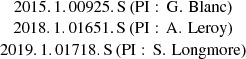 $ \begin{array}{c} \mathrm{2015.1.00925.S\,(PI:\,G.\,Blanc)}\\ \mathrm{2018.1.01651.S\,(PI:\,A.\,Leroy)}\\ \mathrm{2019.1.01718.S\,(PI:\,S.\,Longmore)}\\ \end{array} $