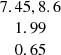 $ \begin{array}{c} 7.45, 8.6\\ 1.99\\ 0.65\\ \end{array} $