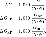 $$ \begin{aligned} \Delta G&= 1.089\ \frac{G}{(S/N)}, \nonumber \\ \Delta G_{\rm BP}&= 1.089\ \frac{G_{\rm BP}}{(S/N)}, \nonumber \\ \Delta G_{\rm RP}&= 1.089\ \frac{G_{\rm RP}}{(S/N}), \end{aligned} $$