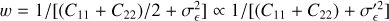 $w = 1/\left[ {\left( {{C_{11}} + {C_{22}}} \right)/2 + \sigma _^2} \right] \propto 1/\left[ {\left( {{C_{11}} + {C_{22}}} \right) + \sigma _^{\prime 2}} \right]$