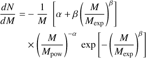 $\matrix{ {{{dN} \over {dM}} = - {1 \over M}\left[ {\alpha + \beta {{\left( {{M \over {{M_{\exp }}}}} \right)}^\beta }} \right]} \hfill \cr {\,\,\,\,\,\,\,\,\, \times {{\left( {{M \over {{M_{{\rm{pow}}}}}}} \right)}^{ - \alpha }}\exp \left[ { - {{\left( {{M \over {{M_{{\rm{exp}}}}}}} \right)}^\beta }} \right]} \hfill \cr } $