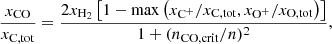 $$ \begin{aligned} \frac{x_{\rm CO}}{x_{\rm C,tot}}=\frac{2x_{{\mathrm{H}_2}}\left[1-\max {\left(x_{{\mathrm{C}^{+}}}/x_{\rm C,tot},x_{{\mathrm{O}}^{+}}/x_{\rm O,tot}\right)}\right]}{1+(n_{\mathrm{CO,crit}}/n)^2}, \end{aligned} $$