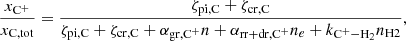$$ \begin{aligned} \frac{x_{\mathrm{C}^{+}}}{x_{\rm C,tot}}=\frac{\zeta _{\rm pi,C}+\zeta _{\rm cr,C}}{\zeta _{\rm pi,C}+\zeta _{\rm cr,C}+\alpha _{\rm gr,{C^{+}}}n+\alpha _{\rm rr+dr,C^{+}}n_e+k_{\mathrm{C}^{+}-{\mathrm{H}}_{2}}n_{\rm H2}}, \end{aligned} $$