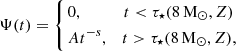 $$ \begin{aligned} \Psi (t) = \left\{ \begin{aligned}&0,&t < \tau _\star (8\,\mathrm{M}_{\odot },Z)\,\\&At^{-s},&t>\tau _\star (8\,\mathrm{M}_{\odot },Z), \end{aligned} \right. \end{aligned} $$