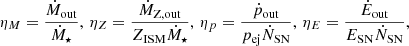 $$ \begin{aligned} \eta _M = \frac{\dot{M}_{\rm out}}{\dot{M}_\star },\, \eta _Z = \frac{\dot{M}_{\rm Z,out}}{Z_{\rm ISM}\dot{M}_\star },\, \eta _p = \frac{\dot{p}_{\rm out}}{p_{\rm ej}\dot{N}_{\rm SN}},\, \eta _E = \frac{\dot{E}_{\rm out}}{E_{\rm SN}\dot{N}_{\rm SN}}, \end{aligned} $$