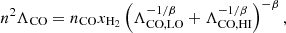 $$ \begin{aligned} n^2\Lambda _{\rm CO} = n_{\rm CO} x_{{\mathrm{H}}_{2}}\left(\Lambda _{\rm CO,LO}^{-1/\beta }+\Lambda _{\rm CO,HI}^{-1/\beta }\right)^{-\beta }, \end{aligned} $$