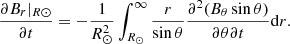 $$ \begin{aligned} \frac{\partial B_r|_{R\odot }}{\partial t} =-\frac{1}{R_\odot ^2} \int _{R_\odot }^{\infty } \frac{r}{\sin \theta } \frac{\partial ^2 (B_\theta \sin \theta ) }{ \partial \theta \partial t} \mathrm{d} r. \end{aligned} $$