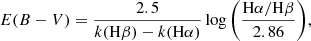 $$ \begin{aligned} E(B-V) = \frac{2.5}{k(\mathrm{H} \beta ) - k(\mathrm{H} \alpha )} \log {\left(\frac{\mathrm{H} \alpha /\mathrm{H} \beta }{2.86}\right)}, \end{aligned} $$
