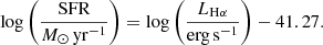 $$ \begin{aligned} \log {\left(\frac{\mathrm{SFR} }{M_\odot \,\mathrm{yr}^{-1}}\right)} = \log {\left(\frac{L_{\mathrm{H} \alpha }}{\mathrm{erg\,s^{-1}}}\right)} - 41.27. \end{aligned} $$