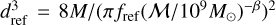 $d_{{\rm{ref}}}^3 = 8M/{(\pi {f_{{\rm{ref}}}}{({\cal M}/{10^9}{M_ \odot })^{ - \beta }})^2}$