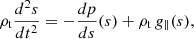 $$ \begin{aligned} \rho _{\rm t} \frac{d^2 s}{dt^2}= -\frac{dp}{ds}(s)+\rho _{\rm t}\, g_\parallel (s), \end{aligned} $$