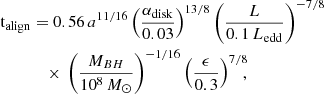 $$ \begin{aligned} \mathrm{t}_{\rm align}& = 0.56\, a^{11/16}\left(\frac{\alpha _{\rm disk}}{0.03}\right)^{13/8}\left(\frac{L}{0.1\,L_{\rm edd}}\right)^{-7/8} \nonumber \\&\quad \times \, \left(\frac{M_{BH}}{10^8\,M_\odot }\right)^{-1/16}\left(\frac{\epsilon }{0.3}\right)^{7/8}\!\!\!, \end{aligned} $$