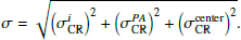 $$ \begin{aligned} \sigma = \sqrt{\left(\sigma _{\rm CR}^i\right)^2 + \left(\sigma _{\rm CR}^{PA}\right)^2 + \left(\sigma _{\rm CR}^\mathrm{center}\right)^2}. \end{aligned} $$