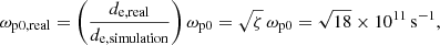 $$ \begin{aligned} \omega _\mathrm{p0,real} = \left(\frac{d_\mathrm{e,real} }{d_\mathrm{e,simulation} }\right) \omega _\mathrm{p0} = \sqrt{\zeta }\, \omega _\mathrm{p0} = \sqrt{18} \times 10^{11}\,\mathrm{s} ^{-1}, \end{aligned} $$