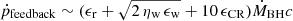 $ \dot{p}_{\mathrm{feedback}} \sim (\epsilon_{\mathrm{r}} + \sqrt{2\,\eta_{\mathrm{w}}\,\epsilon_{\mathrm{w}}} + 10\,\epsilon_{\mathrm{CR}}) \dot{M}_{\mathrm{BH}} c $
