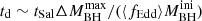 $ t_{\mathrm{d}} \sim t_{\mathrm{Sal}} \Delta M_{\mathrm{BH}}^{\mathrm{max}}/(\langle f_{\mathrm{Edd}} \rangle M_{\mathrm{BH}}^{\mathrm{ini}}) $