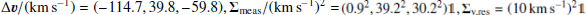 $ \Delta {{\boldsymbol{v}}}/(\mathrm{km}\,\mathrm{s}^{-1}) = (-114.7, 39.8, -59.8), {{\boldsymbol{\Sigma}}}_\text{meas}/(\mathrm{km}\,\mathrm{s}^{-1})^2 = (0.9^2,39.2^2,30.2^2){{{\mathbb{1}}}}, {{\boldsymbol{\Sigma}}}_\text{v,res}=({10}\,\mathrm{km}\,\mathrm{s}^{-1})^2{{{\mathbb{1}}}} $