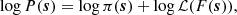 $$ \begin{aligned} \log {P}({\boldsymbol{s}}) = \log {\pi }({\boldsymbol{s}}) + \log {\mathcal{L} (F({\boldsymbol{s}}))}, \end{aligned} $$