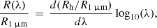 $$ \begin{aligned} \frac{R(\lambda )}{R_{1\,\upmu \mathrm{m}}}\,=\,\frac{d(R_{\rm h}/R_{1\,\upmu \mathrm{m}})}{d\lambda }\log _{10}(\lambda ), \end{aligned} $$