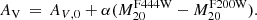 $$ \begin{aligned} {A}_{\rm V}\,=\,{A}_{V,0}+\alpha ({M}_{20}^\mathrm{F444W}-{M}_{20}^\mathrm{F200W}). \end{aligned} $$