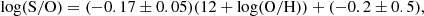 $$ \begin{aligned} \log (\mathrm{S/O})&= (-0.17 \pm 0.05) (12 + \log (\mathrm{O/H})) + (-0.2 \pm 0.5), \end{aligned} $$