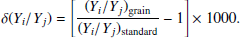 $$ \begin{aligned} \delta (Y_i/Y_j) = \left[ \frac{(Y_i/Y_j)_{\rm grain}}{(Y_i/Y_j)_{\rm standard}} - 1 \right] \times 1000. \end{aligned} $$