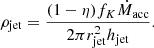 $$ \begin{aligned} \rho _{\rm {jet}} = \frac{(1-\eta ) f_K\dot{M}_{\rm {acc}}}{2\pi r_{\rm {jet}}^2 h_{\rm {jet}}}. \end{aligned} $$