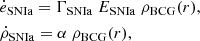 $$ \begin{aligned} \begin{aligned}&\dot{e}_{\rm {SNIa}} = \Gamma _{\rm {SNIa}} \ E_{\rm {SNIa}} \ \rho _{\rm {BCG}}(r), \\&\dot{\rho }_{\rm {SNIa}} = \alpha \ \rho _{\rm {BCG}}(r), \end{aligned} \end{aligned} $$