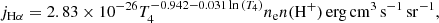 $$ \begin{aligned} j_{\rm H\alpha } = 2.83 \times 10^{-26} T_4^{-0.942-0.031\ln {(T_4)}} n_{\rm e} n(\mathrm{H}^+) \, \mathrm {erg} \, \mathrm {cm}^3 \, \mathrm {s}^{-1} \, \mathrm {sr}^{-1}, \end{aligned} $$