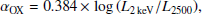 $$ \begin{aligned} \alpha _{\mathrm{OX} } = 0.384 \times \mathrm{log} \, (L_{2\,\mathrm {keV}}/L_{2500}), \end{aligned} $$