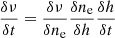 $$ \begin{aligned} {\frac{\delta \nu }{\delta t}}&= {\frac{\delta \nu }{\delta n_{\rm e}}\frac{\delta n_{\rm e}}{\delta h}\frac{\delta h}{\delta t}} \end{aligned} $$